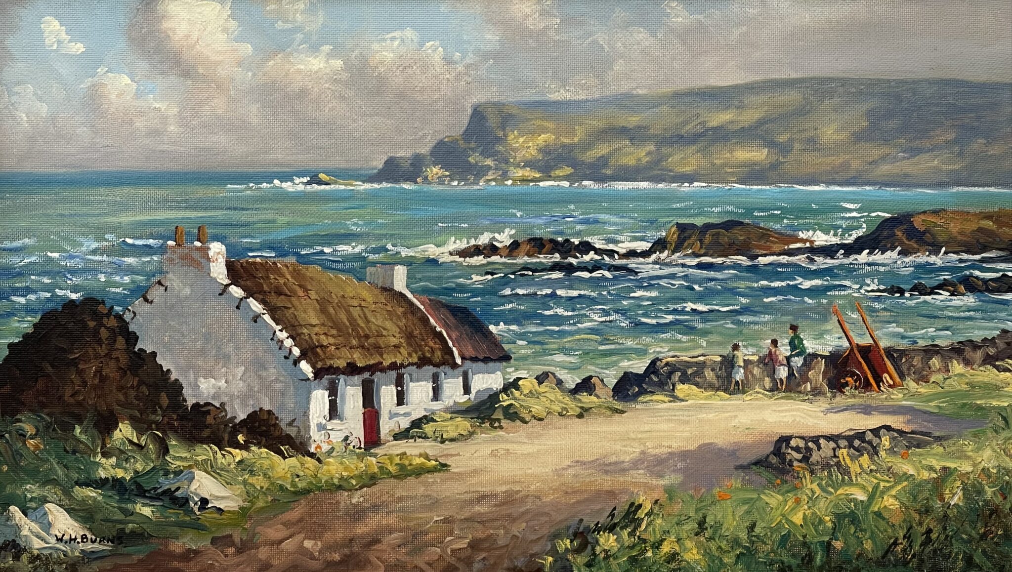 Oil Painting of Coastal Scene with Cottage at Glen Head Ireland by