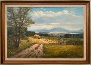 Alpine Haymaking Harvesting 20th Century Realist Oil Painting by German Landscape Artist, Wolfgang Heinz (1930–2014)2