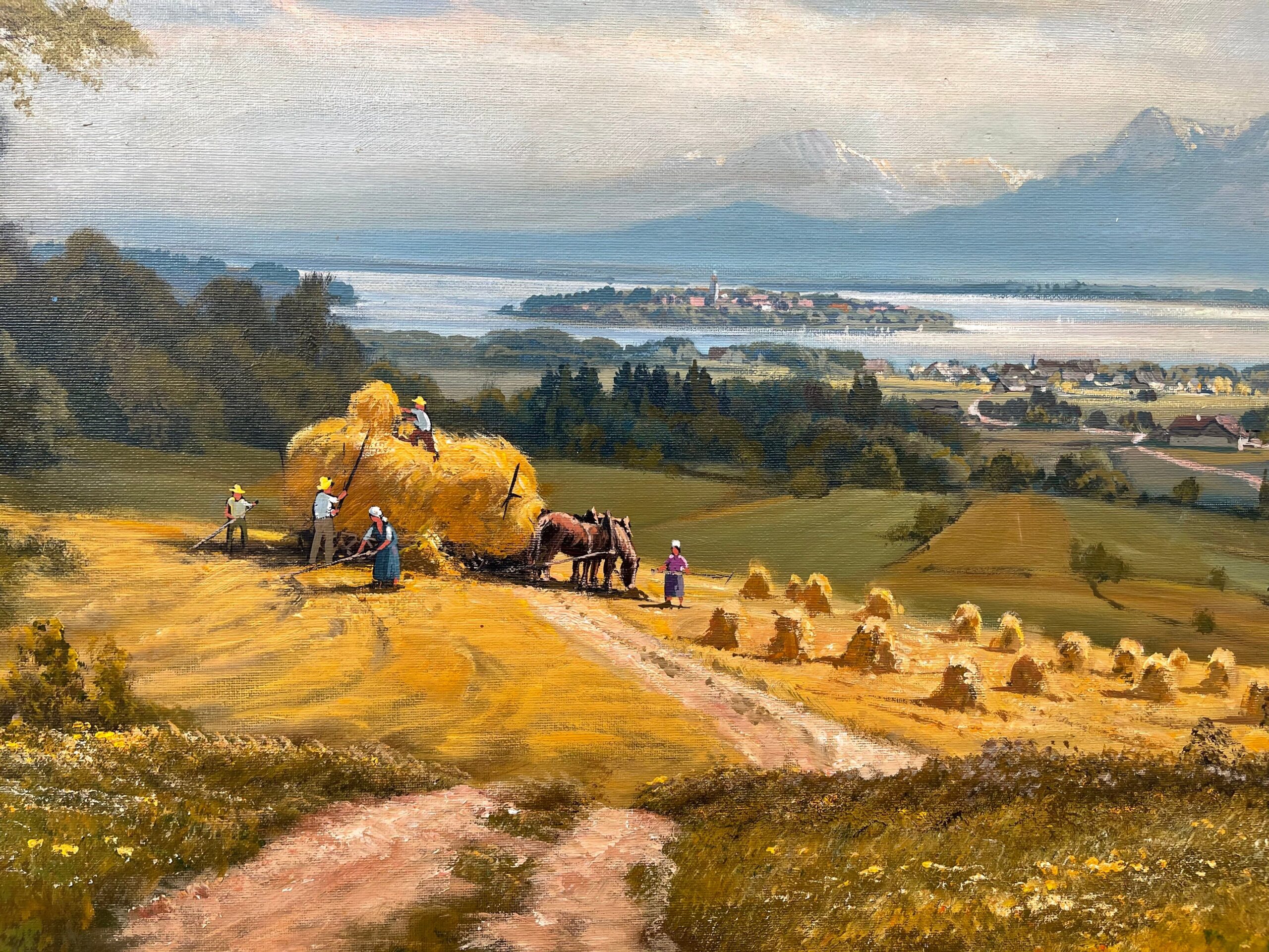 Alpine Haymaking Harvesting 20th Century Realist Oil Painting by German