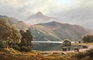 Landscape Painting of Ben Lomond in Scotland with Highland Cows at Loch Lomond