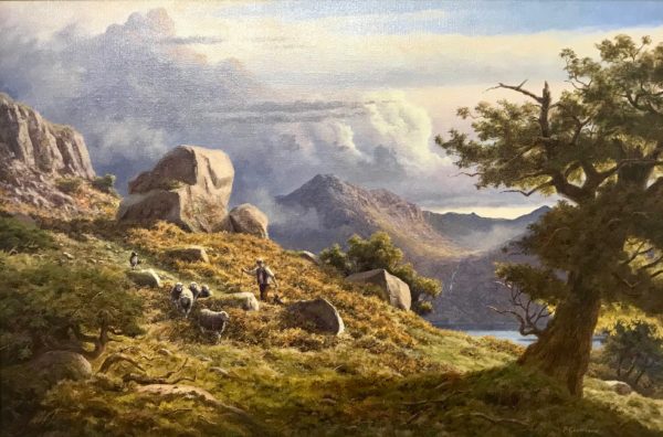 Mountain Landscape Painting with Sheep Dog & Shepherd in Lake District England